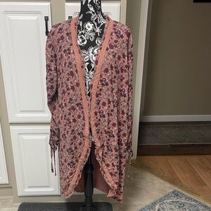 Gimmicks by BKE Floral Kimono Cardigan - Pink and Brown